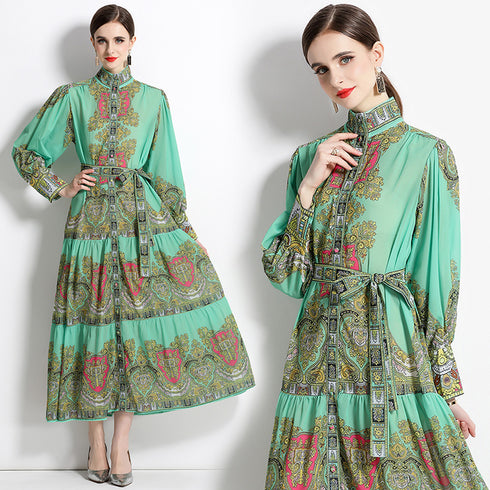 Autumn Retro Court Style, Lantern Sleeve, Belted, Ruffled Paisley Pattern Long Party, Festive Renaissance Dress - Mint
